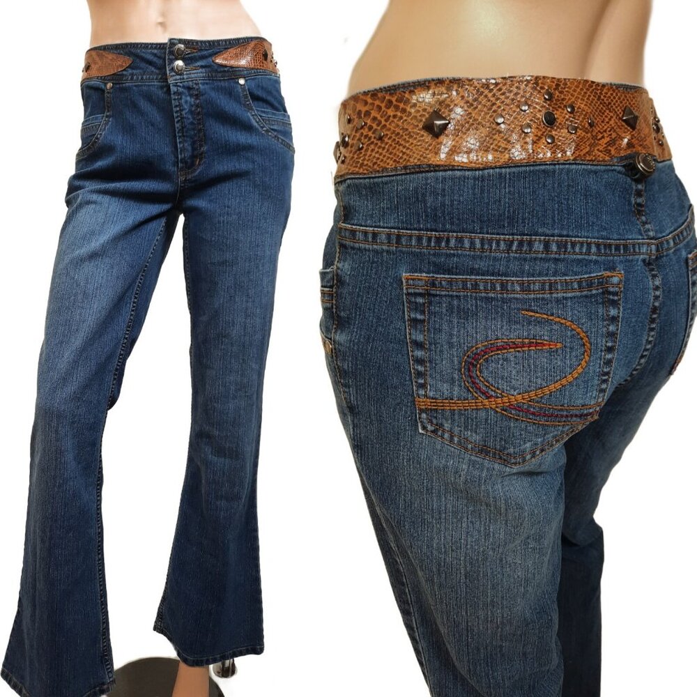 Y2K Bootcut Flare Jeans Size 28 Studded Faux Snakeskin Mid Rise Medium Wash